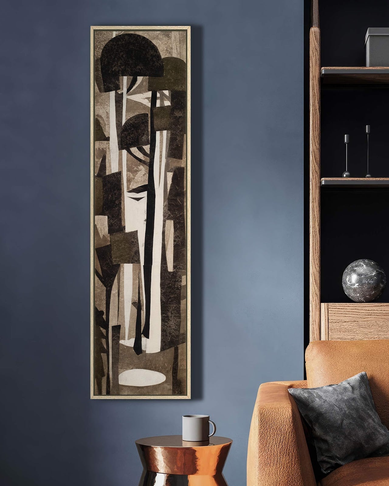 Vertical canvas wall art in interior setting.