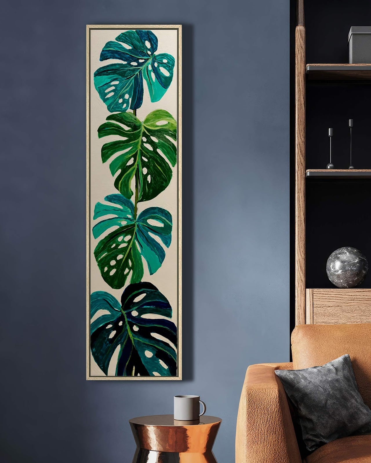 Vertical canvas wall art in interior setting.