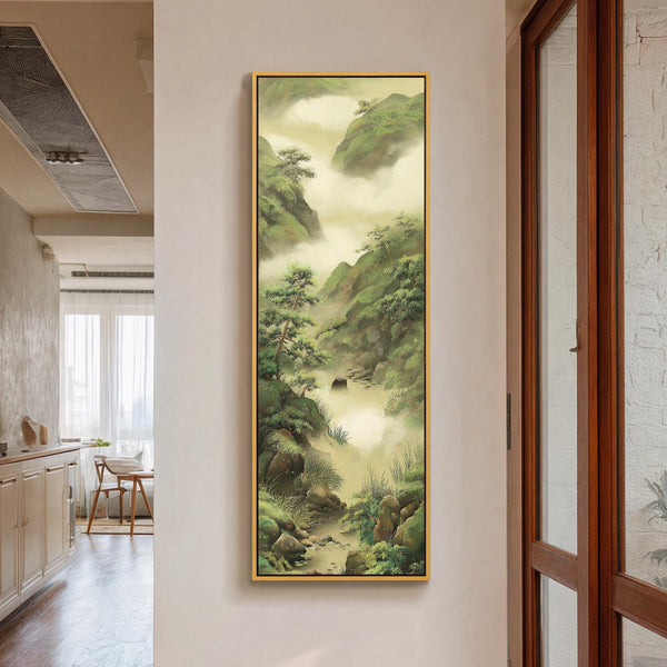 Vertical canvas wall art in interior setting.
