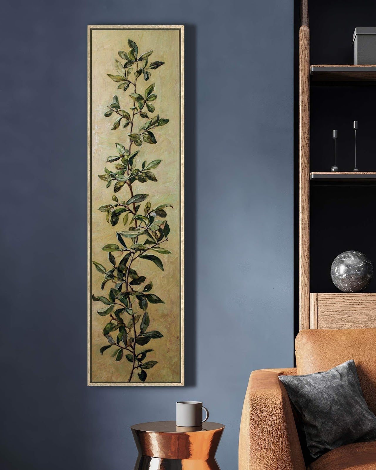 Vertical canvas wall art in interior setting.