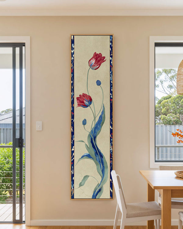 Vertical canvas wall art in interior setting.