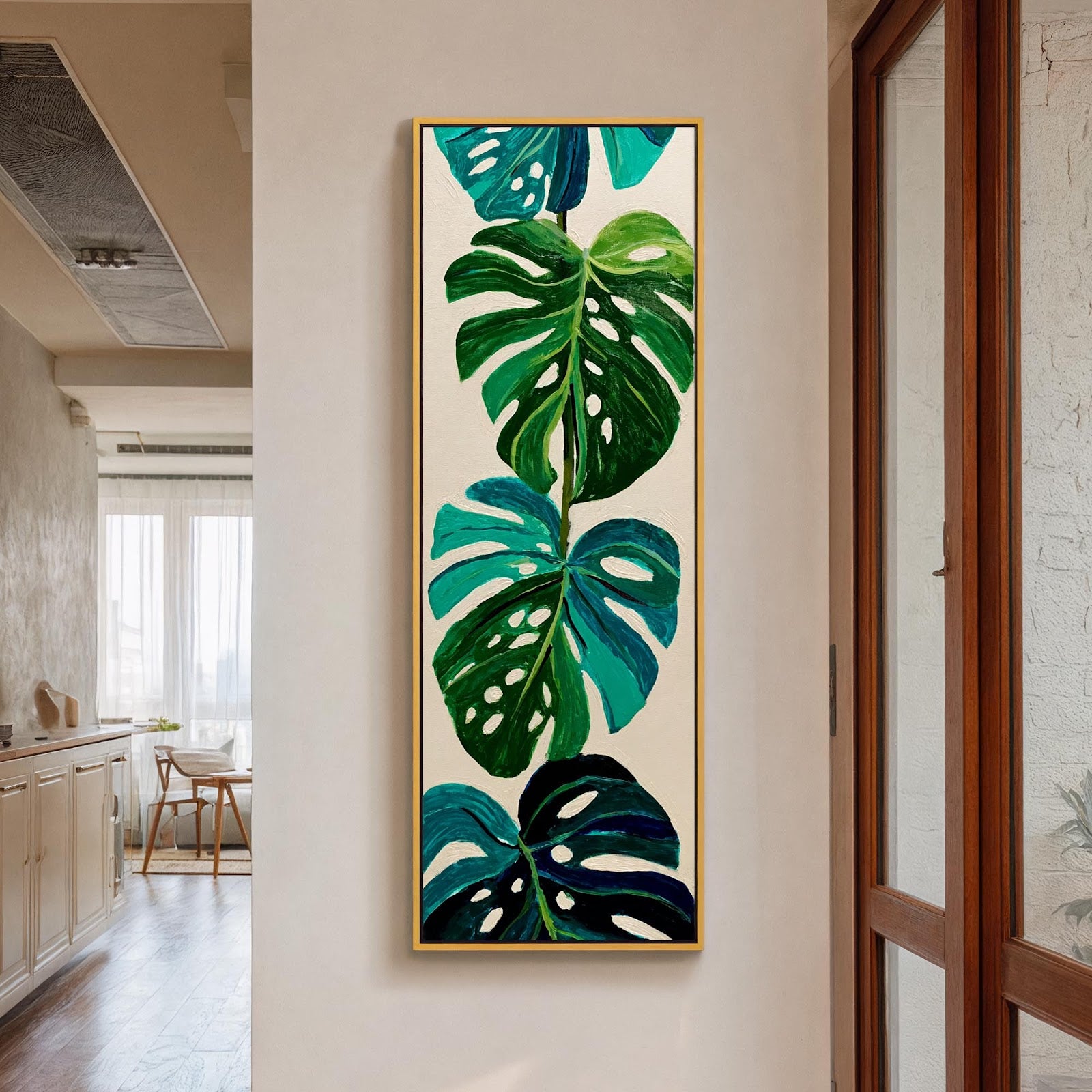 Vertical canvas wall art in interior setting.