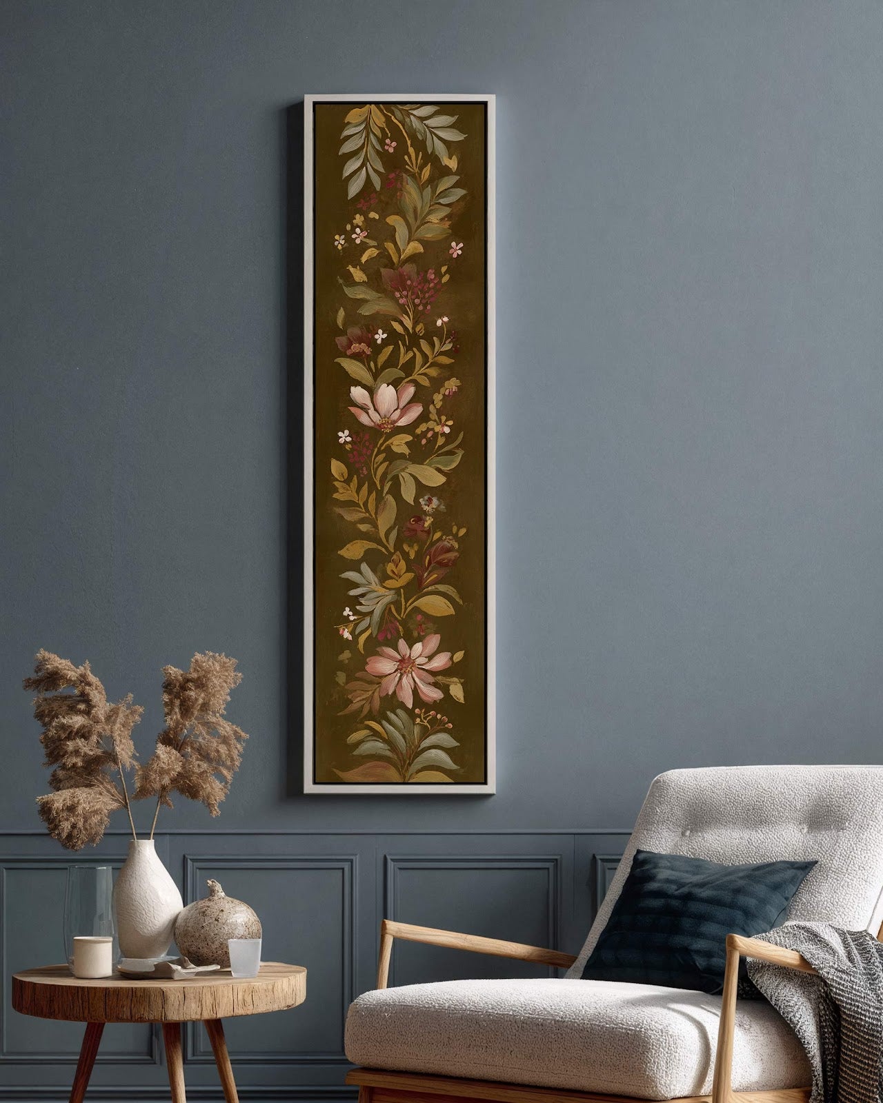 Vertical canvas wall art in interior setting.