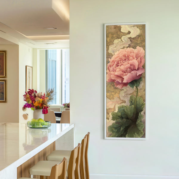 Vertical canvas wall art in interior setting.