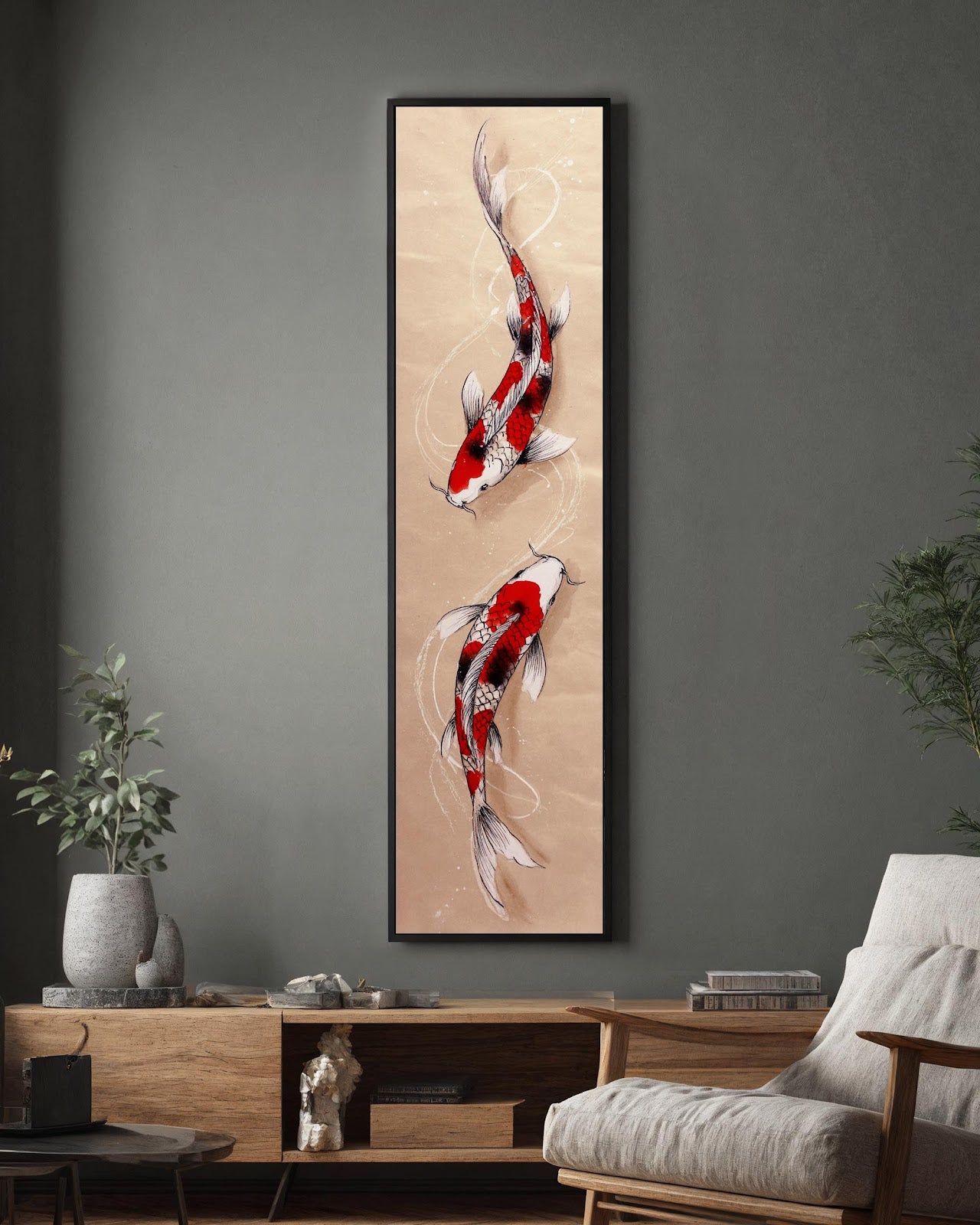Vertical canvas wall art in interior setting.