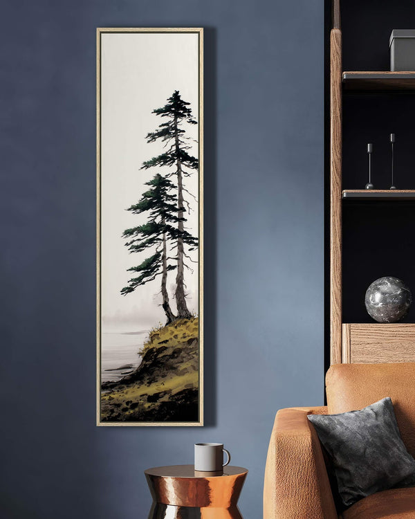 Vertical canvas wall art in interior setting.