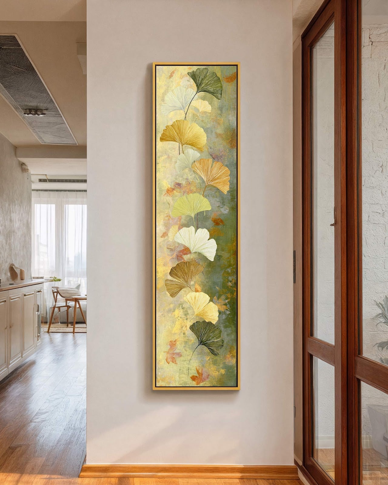 Vertical canvas wall art in interior setting.