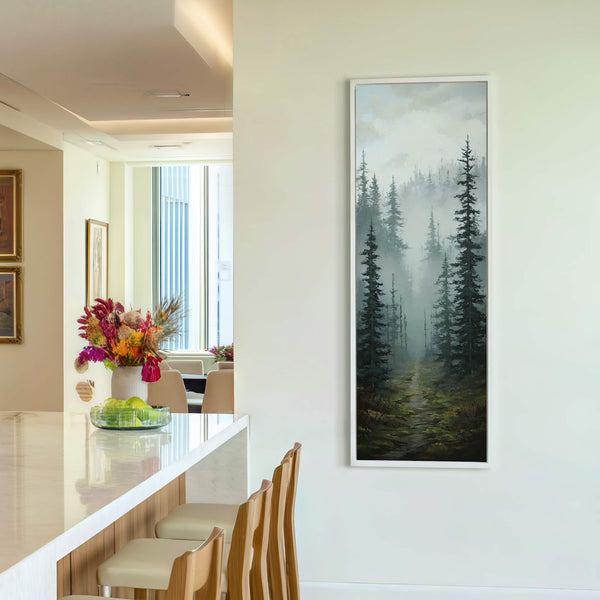 This vertical canvas wall art depicts a misty forest scene with dark green trees and a winding path, rendered in a realistic style with a muted palette. It is displayed.