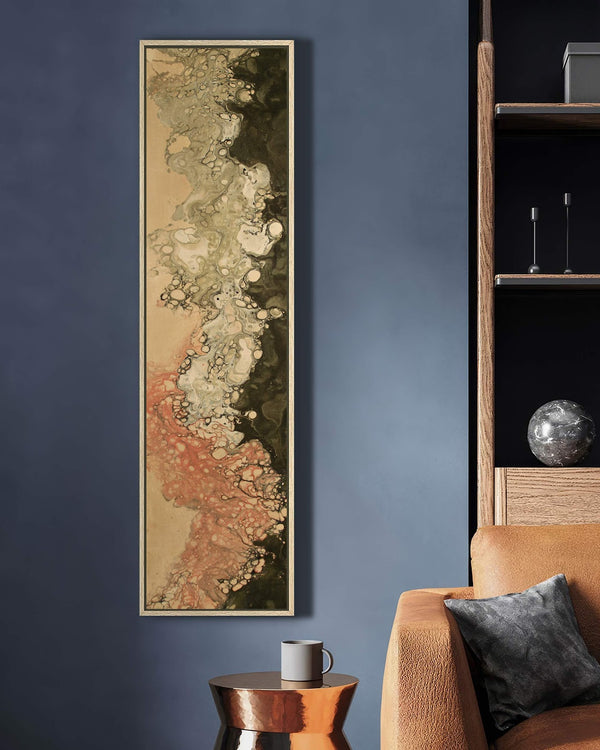 Vertical canvas wall art in interior setting.