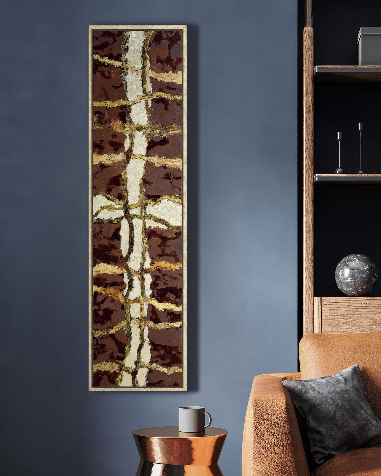 Vertical canvas wall art in interior setting.