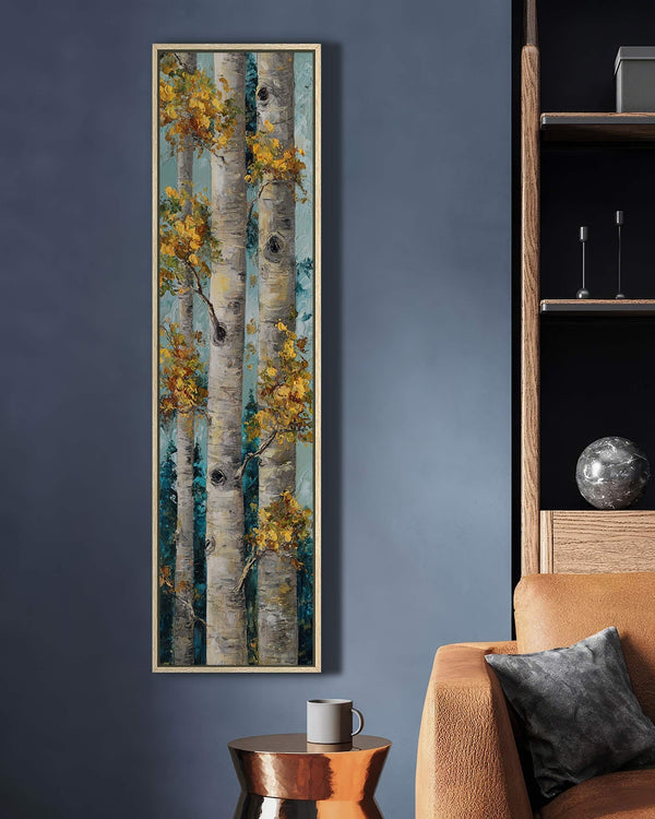 Vertical canvas wall art in interior setting.