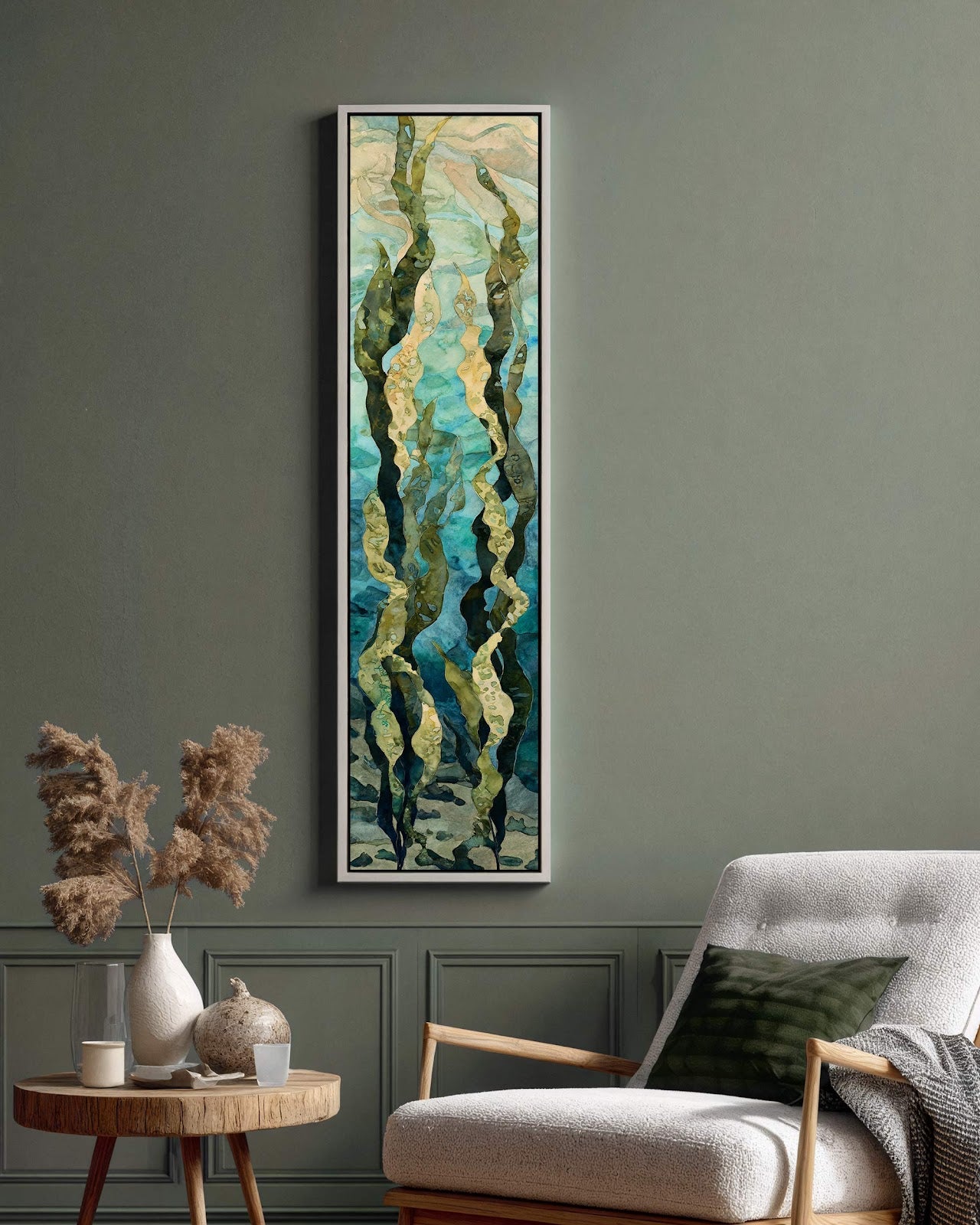 Vertical canvas wall art in interior setting.