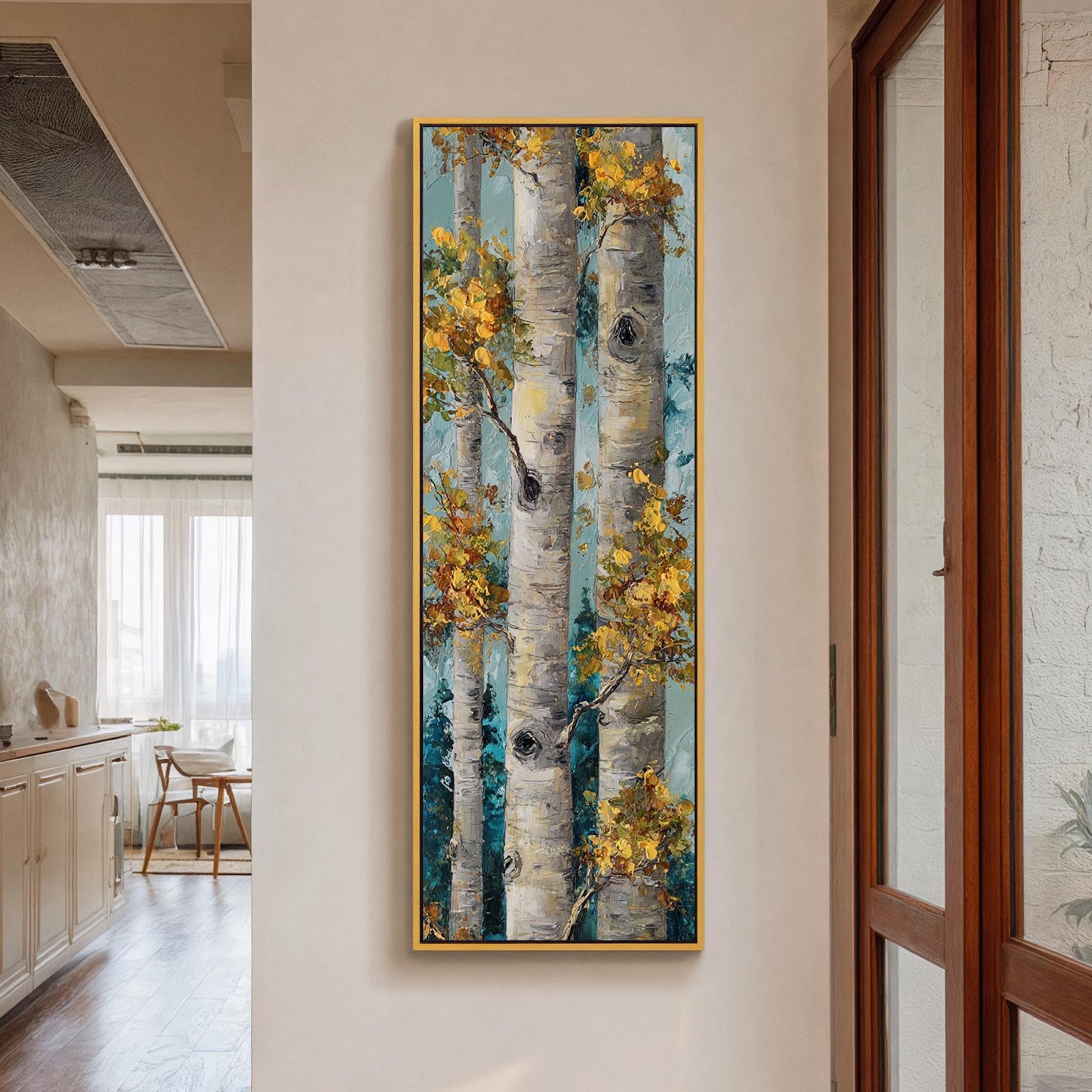 Vertical canvas wall art in interior setting.