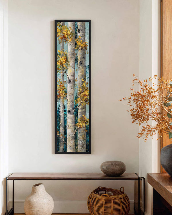 Vertical canvas wall art in interior setting.