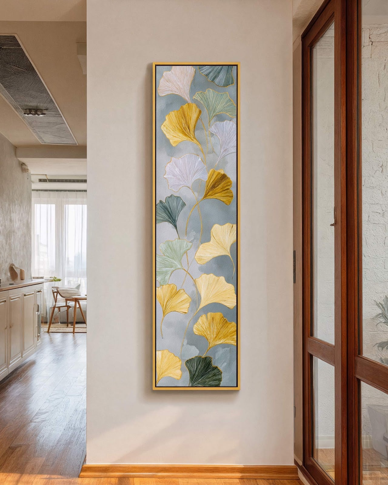 Vertical canvas wall art in interior setting.
