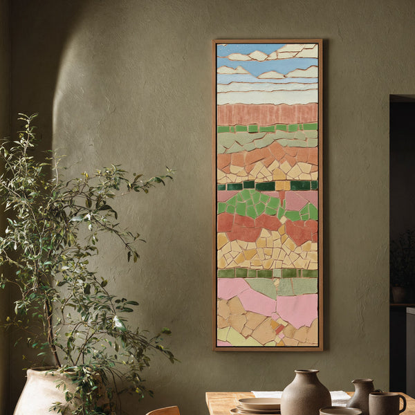 Vertical canvas wall art in interior setting.