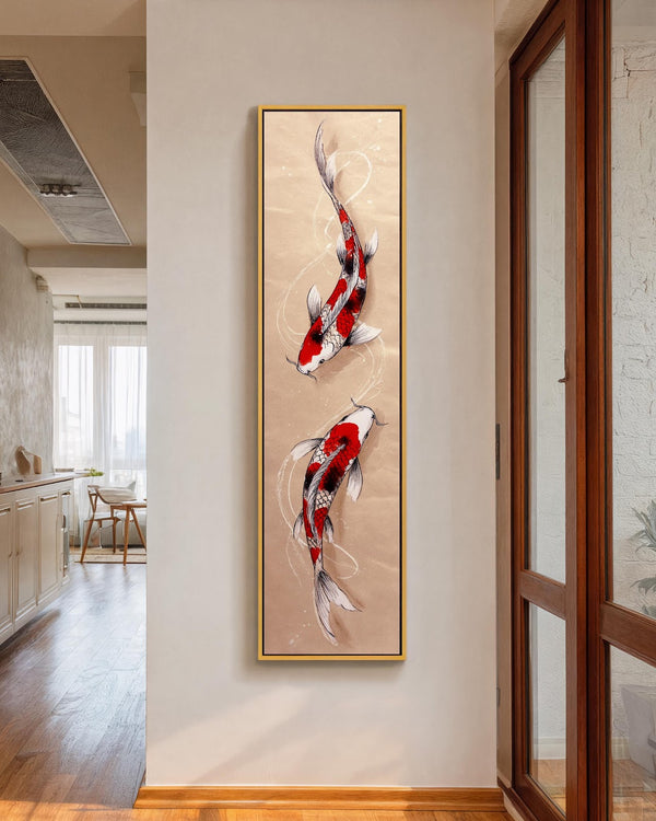 Vertical canvas wall art in interior setting.