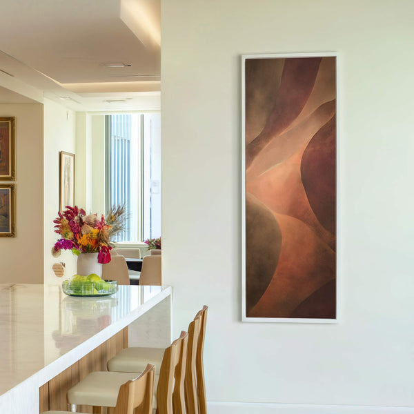 This vertical abstract canvas wall art print features a warm palette of browns and oranges, with smooth, organic shapes. It is displayed on a plain white wall in what appears.