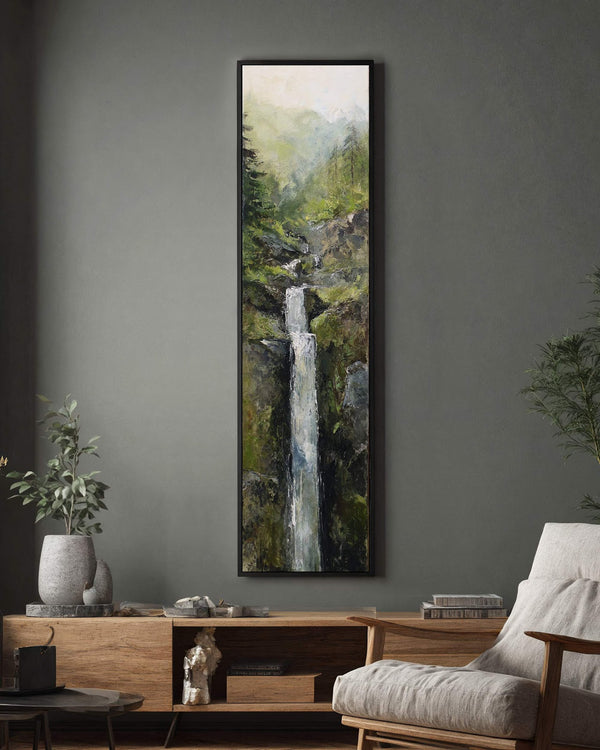 Vertical canvas wall art in interior setting.