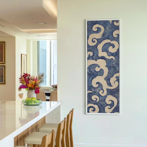 Vertical canvas wall art in interior setting.