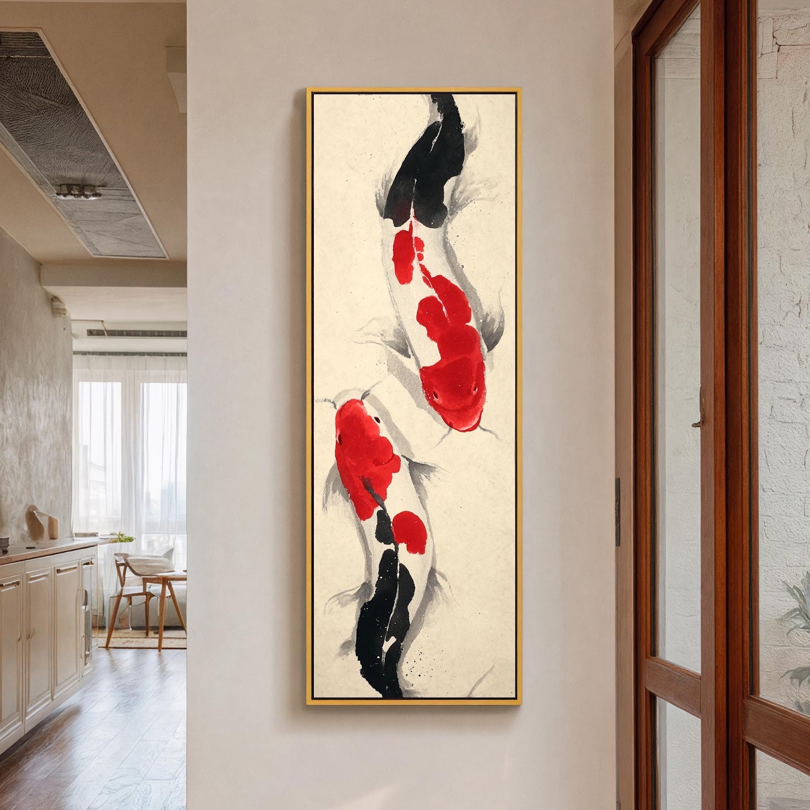 Vertical canvas wall art in interior setting.