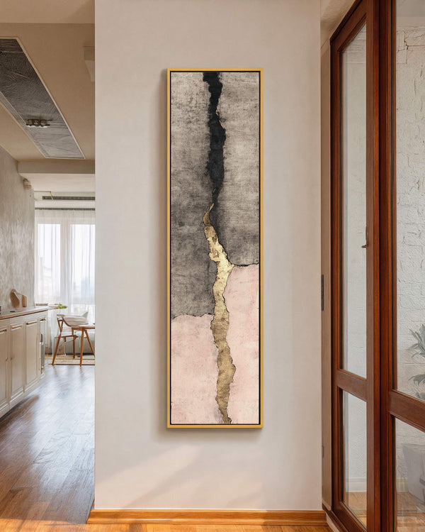 Vertical canvas wall art in interior setting.
