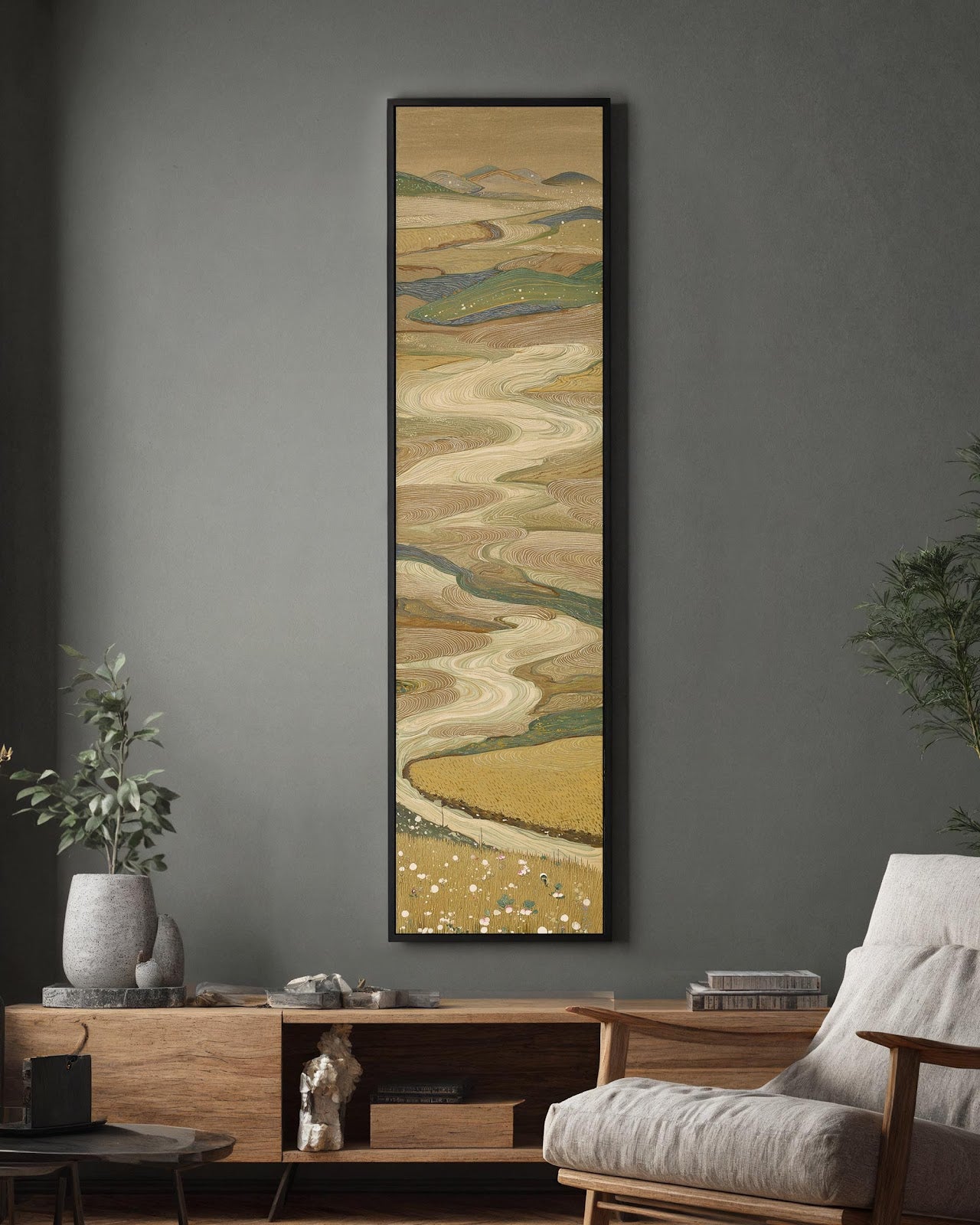 Vertical canvas wall art in interior setting.