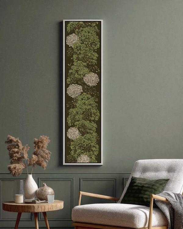 Vertical canvas wall art in interior setting.