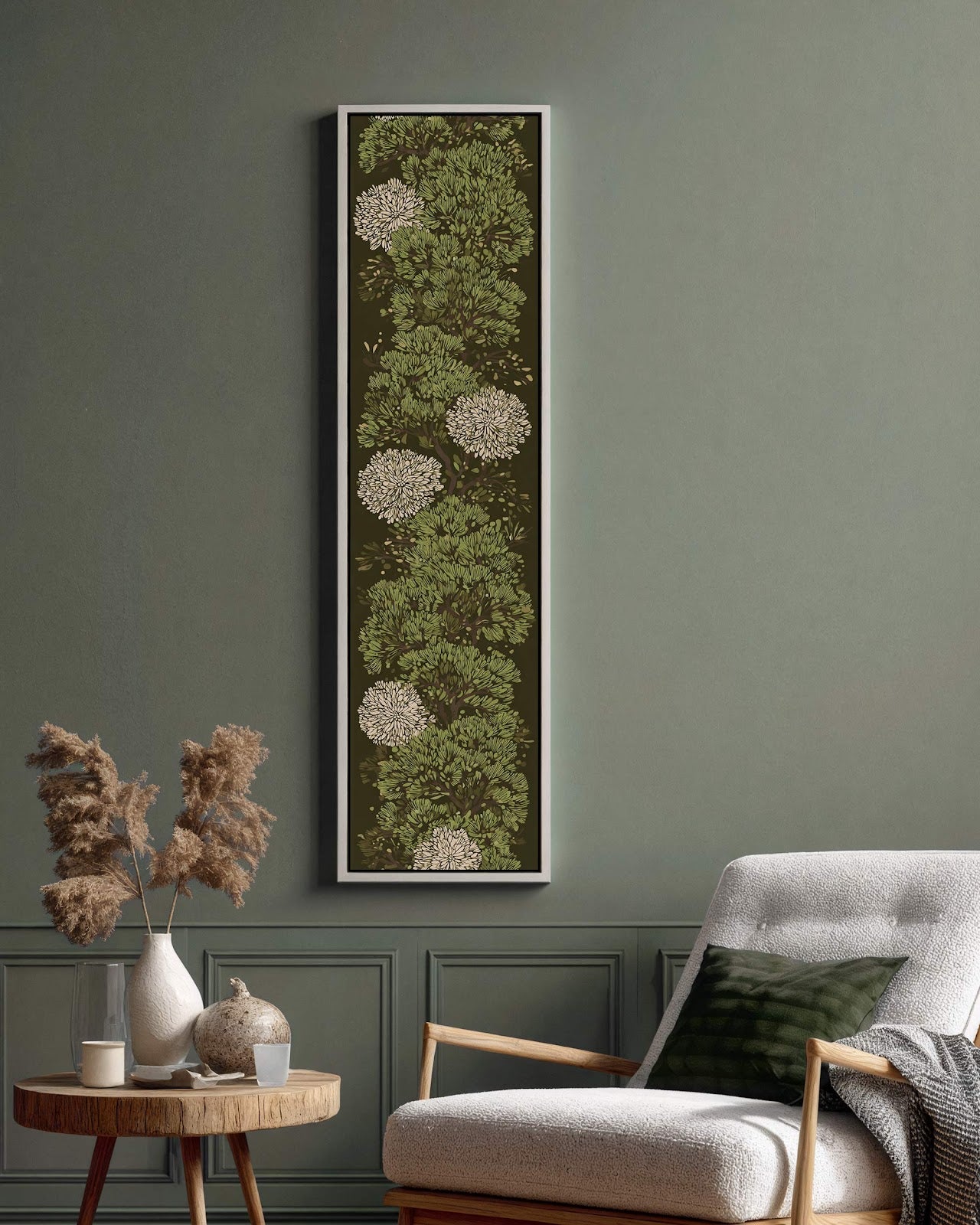 Vertical canvas wall art in interior setting.