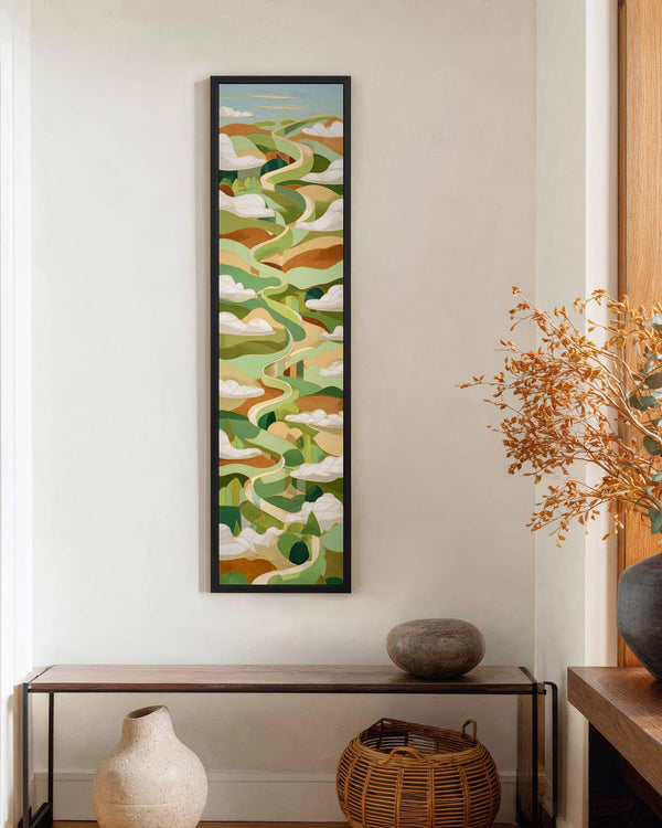 Vertical canvas wall art in interior setting.