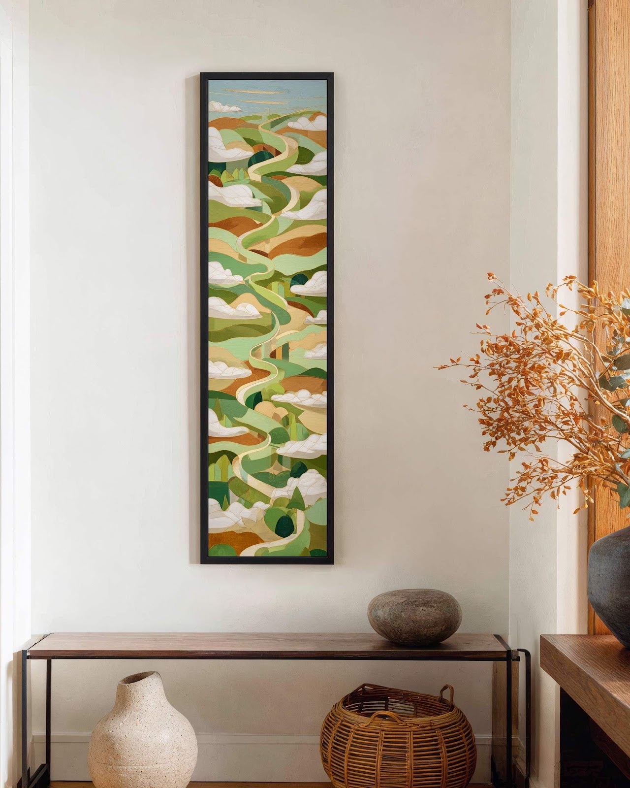 Vertical canvas wall art in interior setting.