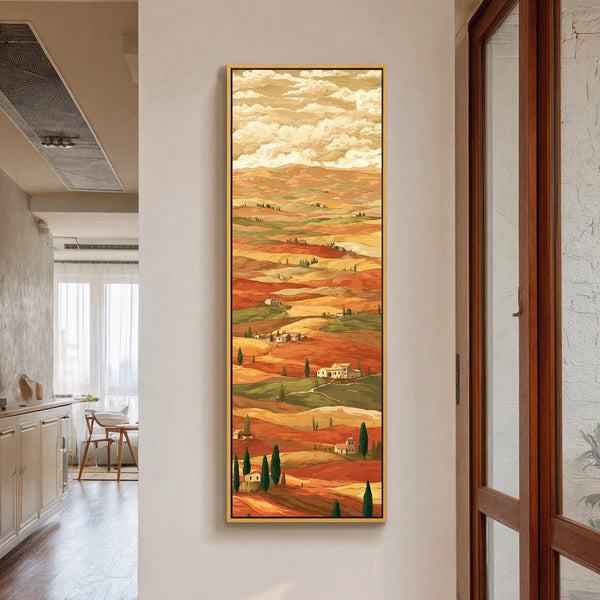 Vertical canvas wall art in interior setting.