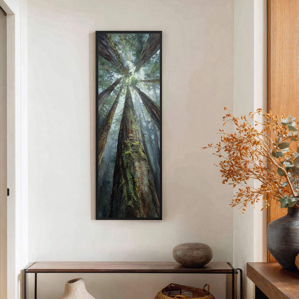 This vertical canvas wall art depicts a forest canopy with towering trees from a low-angle perspective, rendered in a realistic style with a palette of greens and browns. It is.
