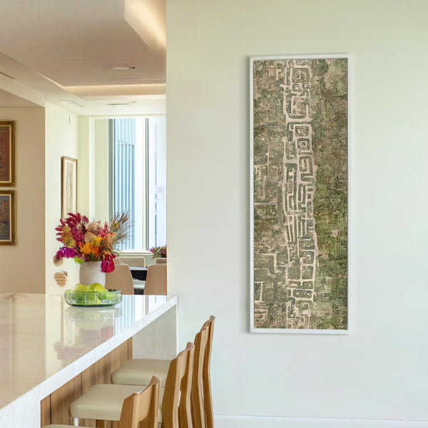 Vertical canvas wall art in interior setting.