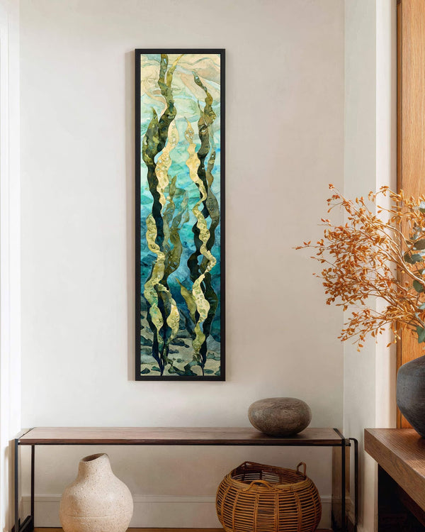 Vertical canvas wall art in interior setting.