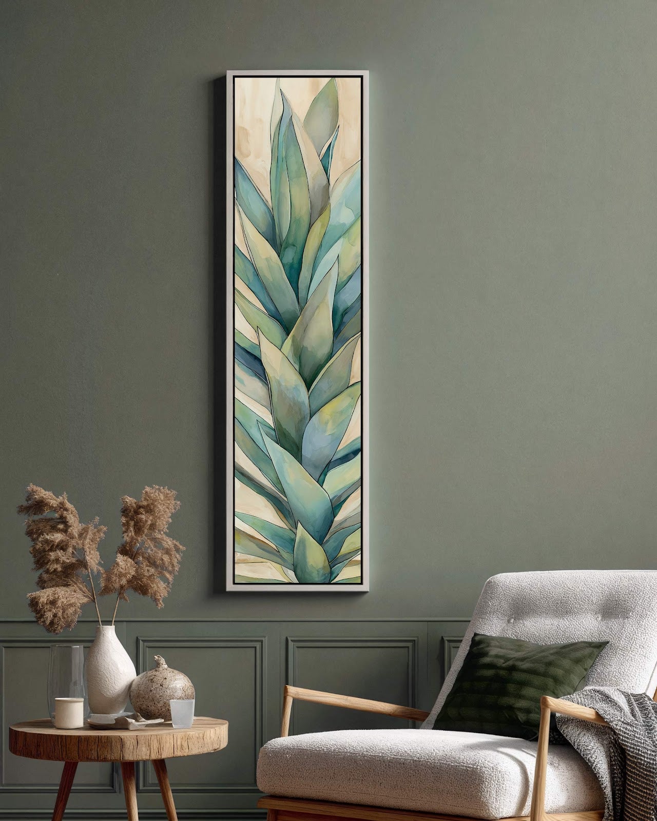 Vertical canvas wall art in interior setting.