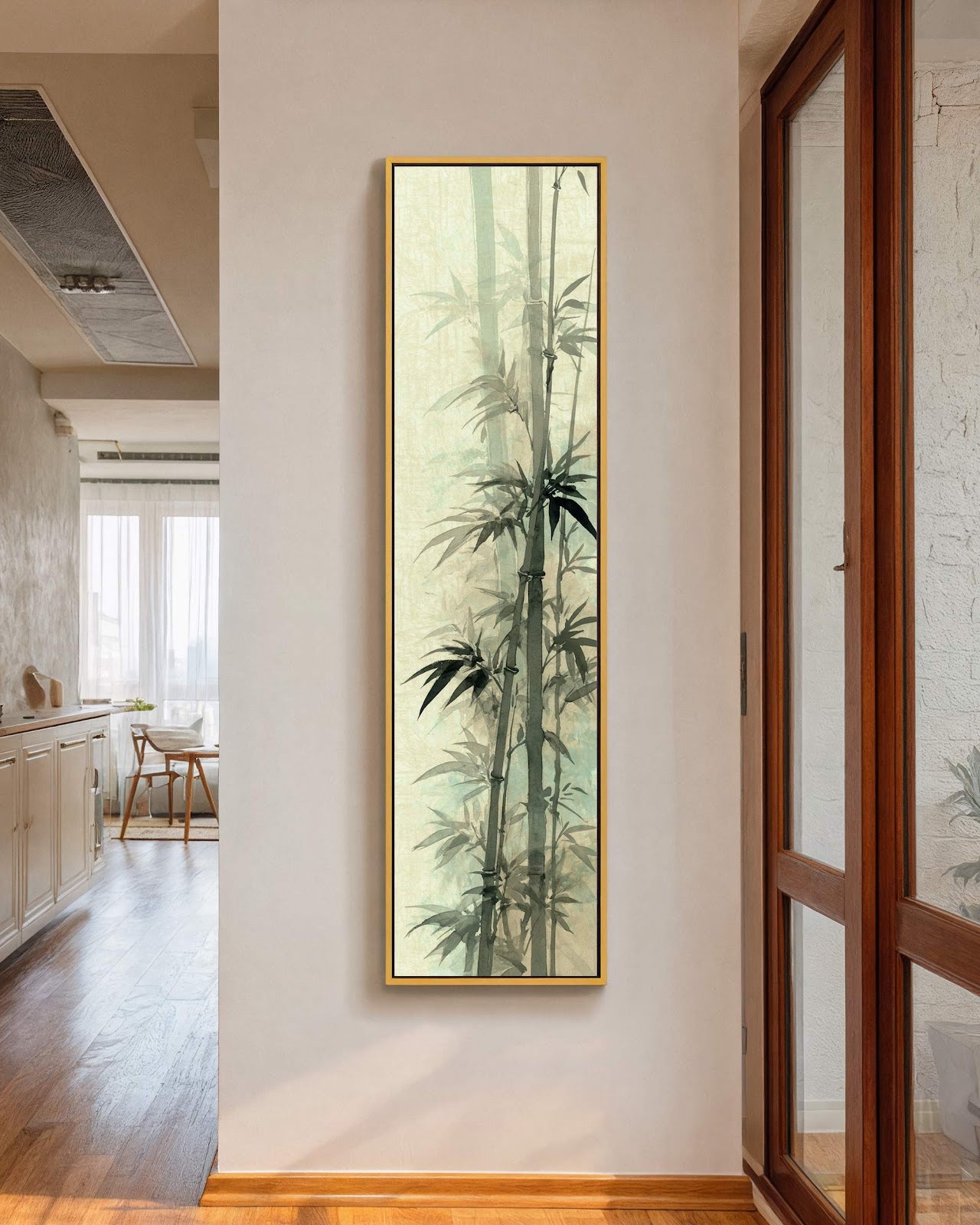 Vertical canvas wall art in interior setting.