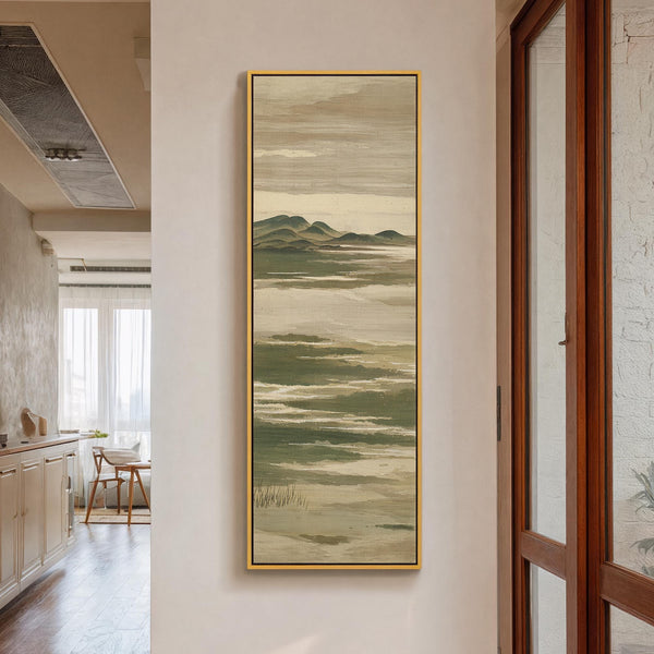 Vertical canvas wall art in interior setting.