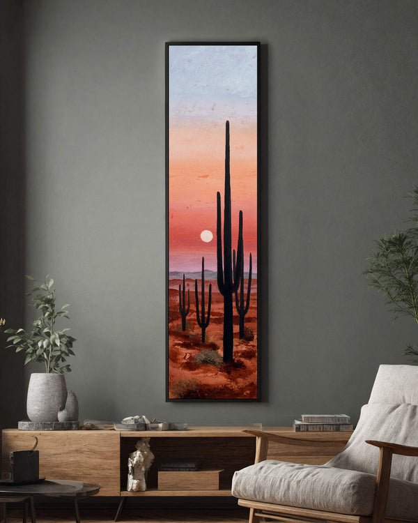Vertical canvas wall art in interior setting.