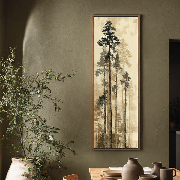 Vertical canvas wall art in interior setting.