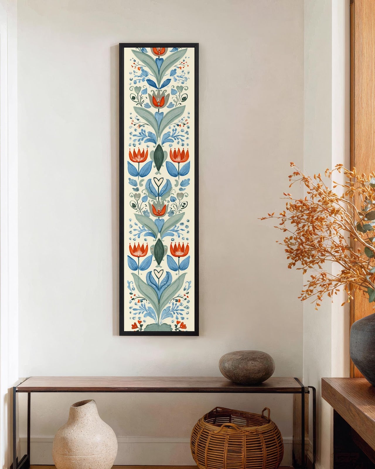 Vertical canvas wall art in interior setting.