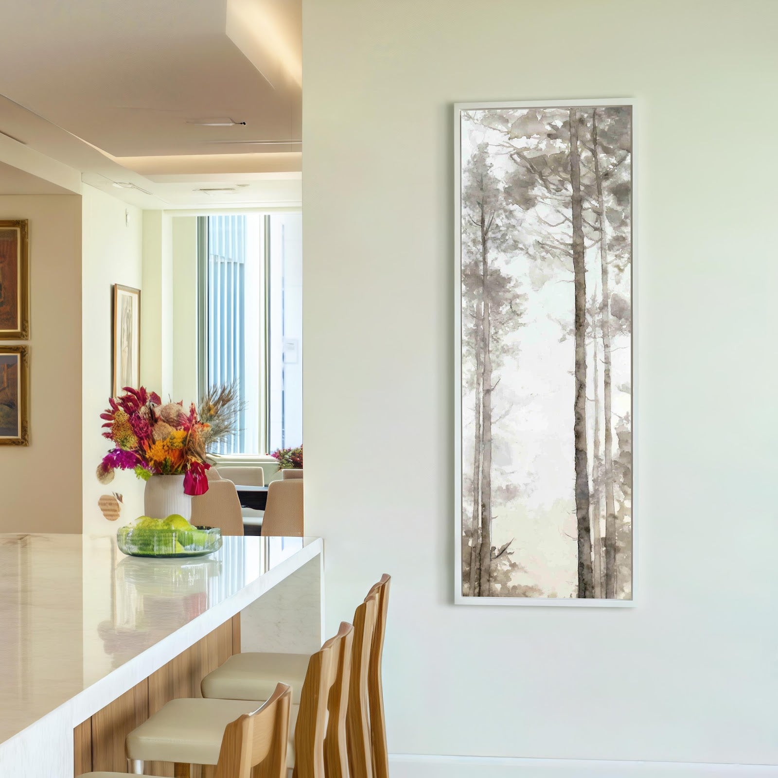Vertical canvas wall art in interior setting.