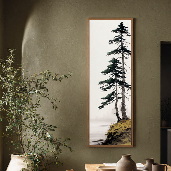 Vertical canvas wall art in interior setting.