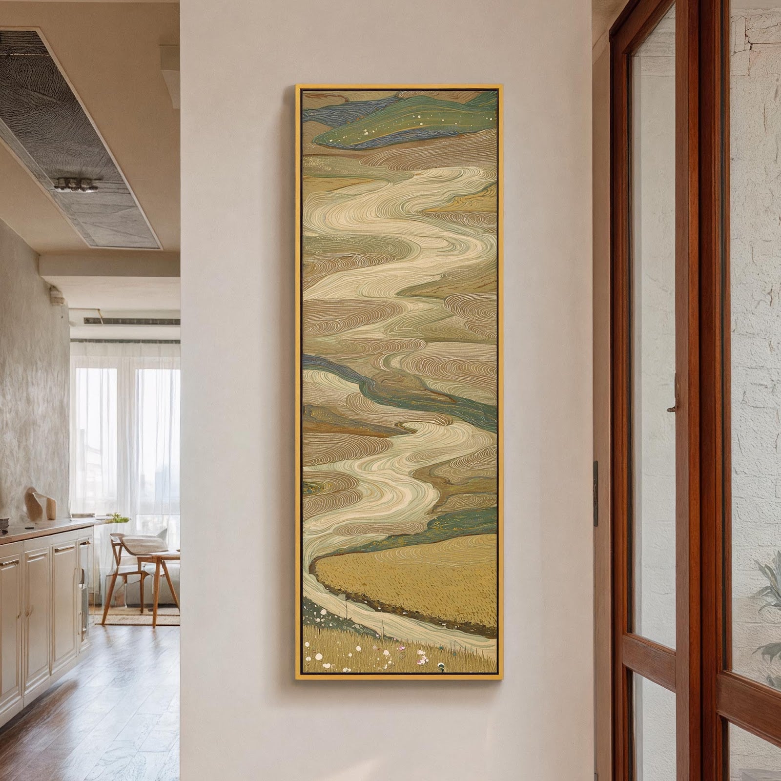 Vertical canvas wall art in interior setting.