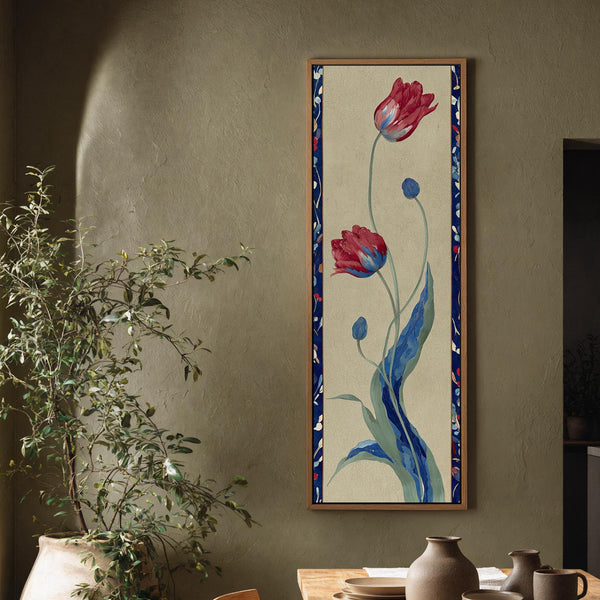 Vertical canvas wall art in interior setting.