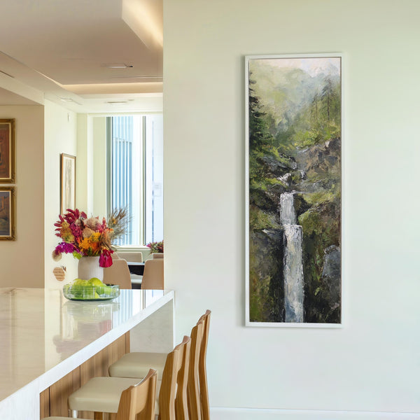 Vertical canvas wall art in interior setting.
