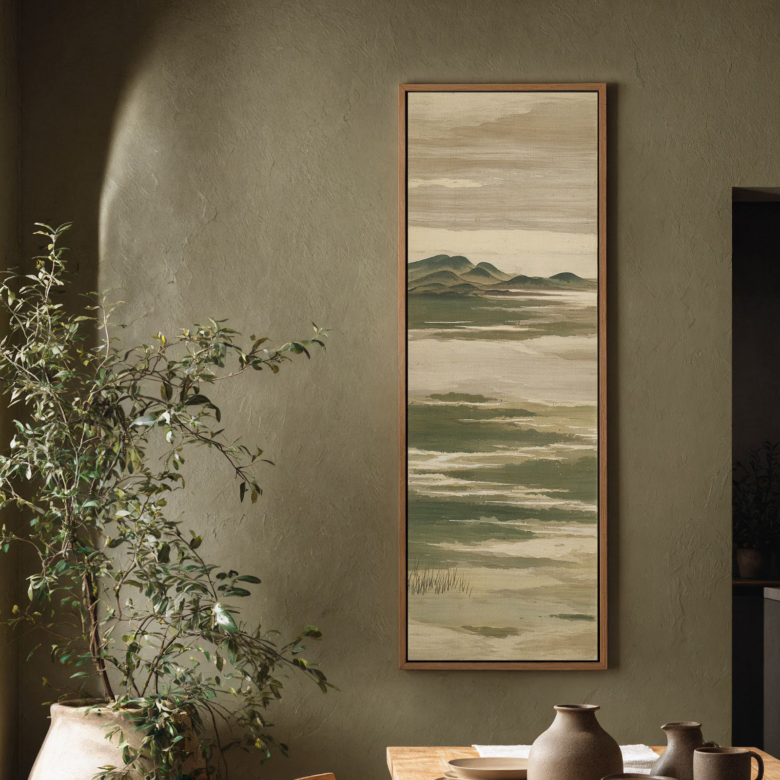 Vertical canvas wall art in interior setting.