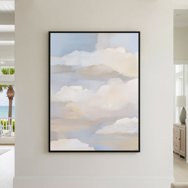 Minimalist cloud painting in soft gray and cream tones featuring ethereal layers of mist-like clouds, perfect for zen-inspired and modern minimalist interiors