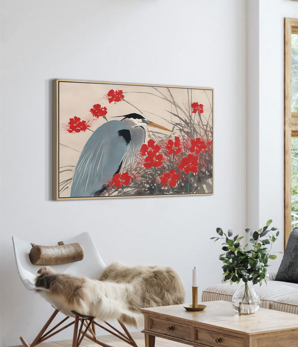 Blue Heron with Crimson Blossoms Canvas Art