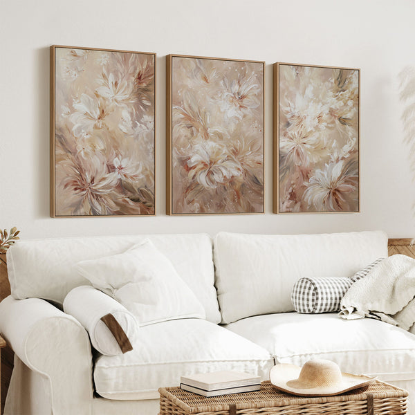 Triptychon, Wandkunstdruck mit sanften, neutralen Blumenmustern